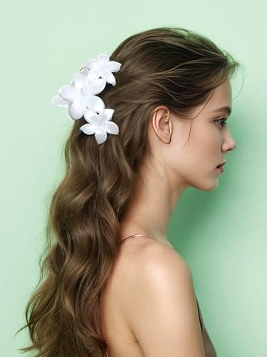 2 Pcs Pearl White Plumeria Claw Clips - Pretty Hawaiian Flower Hair Clips Cute Floral Hair Accessories for Wedding Tropical Beach Vacation Luau Parties thumbnail 6