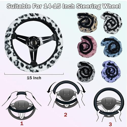 Muamos Leopard Steering Wheel Cover with Keychain, Elastic Fuzzy Fur Cheetah Car Steering Wheel Protector Women Girl Car Accessories Universal Fit 15 inch Fit Auto, Suvs, Truck- Pink thumbnail 5