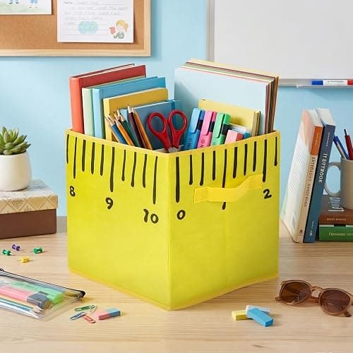 Lettry 6 Pcs 11in Notebook Pencil & Crayon Pattern Fabric Storage Bins, Colorful Collapsible Cubby Baskets with Handles for Classroom Organization, Home, Nursery, and Elementary School Supplies thumbnail 6