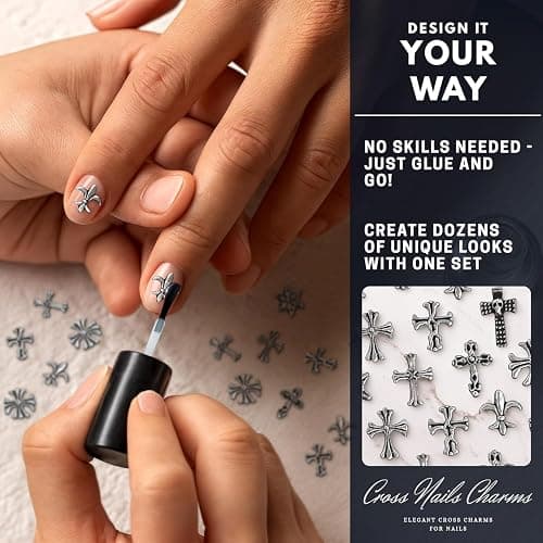 120 Pcs Silver Cross Nail Charms, 3D Acrylic, for Press-On & Gel | Silver Nail Charms in 8 Gothic Styles; Curved Back for Secure Fit; for Acrylic Nails; for Y2K & Punk Manicure, DIY Jewelry thumbnail 7
