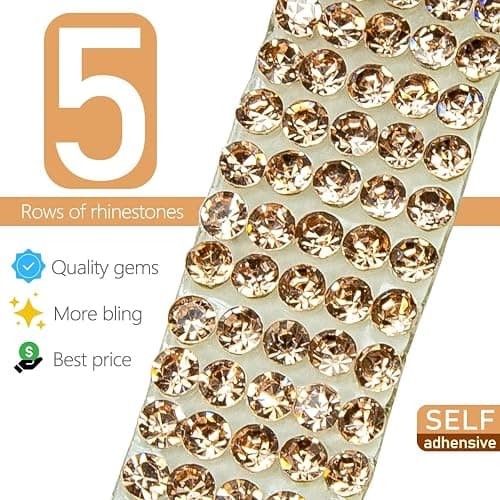 qiipii 3 Yards Champagne Golden Self Adhesive Rhinestones Strips K9 Glass Diamond Crystal Bling Glitter Rhinestone Ribbon Sticker Bling Wrap Roll for Crafts DIY Arts Crafting Car Phone Cake Shoe Decor thumbnail 2