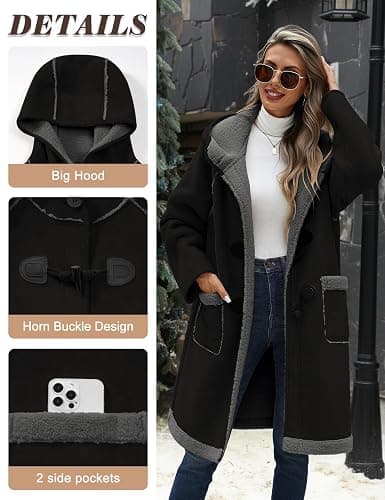 UMIPUBO Women's Faux Suede Coat Sherpa Fleece Lined Oversize Duffle Coat Winter Mid-Length Hooded Toggle Jacket with Pockets thumbnail 3