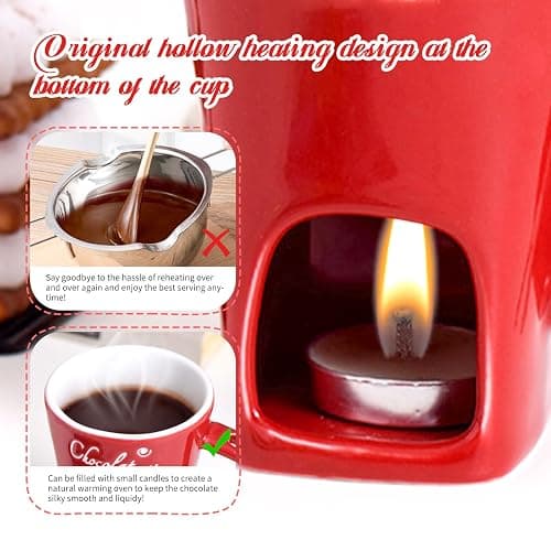 AMZWISH Mini Sweet Fondue Cup, Ceramic Coffee Warmer Mug, Portable Chocolate Melting Cup with Fork for Cheese, Great for Adult/Kids for Camping/Date/Movie Night/Birthday/Wedding Gifts (Red) thumbnail 4