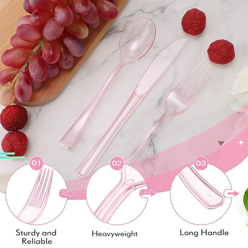 150 Pieces Disposable Cutlery Set Plastic Silverware Heavy Duty Utensil Sets 50 Forks 50 Knives 50 Spoons for Home Office School Party Picnics Restaurant Outdoor Events or Every Day Use (Pink) - Pink thumbnail 3