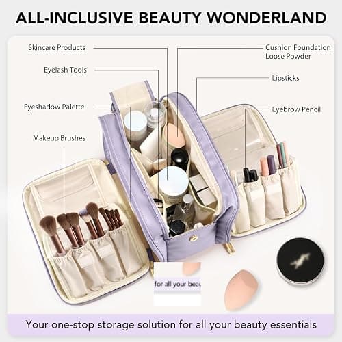 Travel Makeup Bag Women's Large Capacity Cosmetic Portable Organizer Large Opening Waterproof Storage Toiletry Bags Vertical Free-Standing Brush Holder for Easy Access Purple thumbnail 4