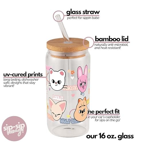 Sip-Sip Hooray! Skzoo Kpop Glass Tumbler with Lid and Straw, 16oz Iced Coffee Cup, Stray Kids Merch, Reusable Glass Cup, Cute Soda Can Lids with Straw, Gift for Fans and Teens thumbnail 5