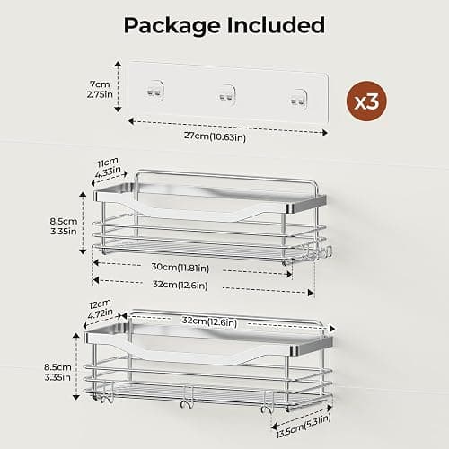 Orimade Shower Caddy Basket Shelf with 5 Hooks Adhesive Organizer Storage Rack Rustproof Wall Mounted Stainless Steel No Drilling for Bathroom, Toilet, Kitchen - 2 Pack thumbnail 3