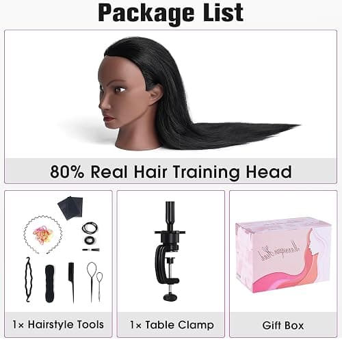 Mannequin Head Human Hair, 26" Cosmetology Mannequin Head with 80% Human Hair, Doll Head for Hair Styling with Clamp Holder and Tools (Black) thumbnail 7