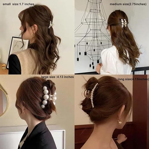 Hair Clips for Women, Large Pearl Hair Claw Clip Set Strong Hold No Slip, Banana Jaw Clip Barrettes, Hair Accessories Birthday Wedding Valentine's Day Gift for Girl Wife Styling Thick Thin (4 PCS) thumbnail 3