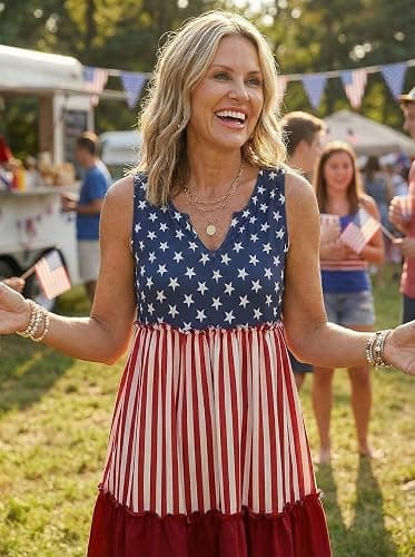 AIMITAG American Flag Star Vertical Striped Ruffled Mini Dress Womens 4th of July Patriotic Dresses Casual Color Block Dress thumbnail 2