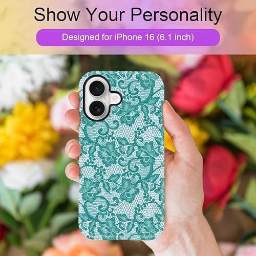 DWUIVI Teal Ornate Lace Floral Phone Case Fit for iPhone 16 | Vintage Durable Shockproof Anti-Scratch Holiday Gift thumbnail 7
