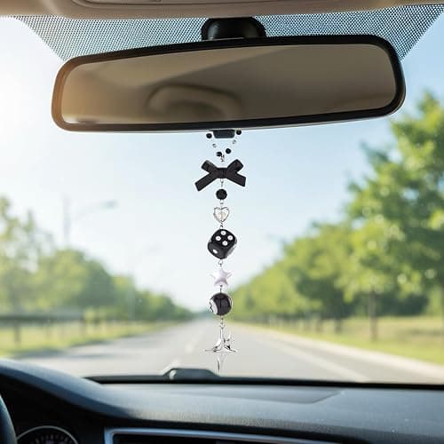 LuneClat Black Bow Car Mirror Chain Y2k 8 Ball Star Beaded Hanging Charm | Y2k Aesthetic Hanging Charm With 8 Ball And Star Pendant. Beaded Car Rearview Mirror Chain. Cute Car Interior Decor thumbnail 3