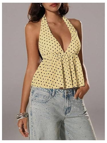 Milumia Women's Polka Dots Tie Backless Halter Top V Neck Going Out Tops | Peplum Shirt,Ruffle Hem,Baby Doll Top,Cute,Sheer Mesh,Date Night,Clubwear,Dressy thumbnail 5