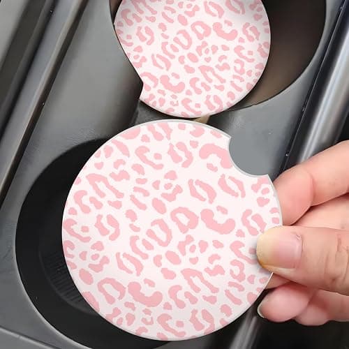 Absorbent Car Cupholder Coaster 2 Pack,Ceramic Stone with a Finger Notch for Women & Lady,Cork Base Drink Coasters 2.56 Inch,Cute Auto Accessories Gifts（Pink Leopard） thumbnail 2