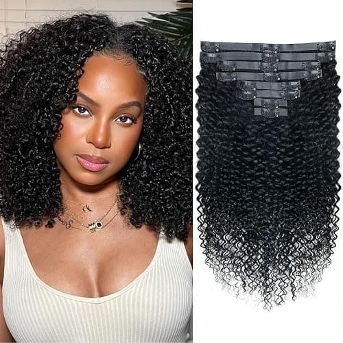 Seamless 3C 4A Kinky Curly Clip In Extension PU Weft Curly Clip in Extension Human Hair Clip Ins Full Head for Black Women Brazilian Remy Human Hair Natural Color 8Pcs with18clips 120g/Set (18 inch) - Image 1