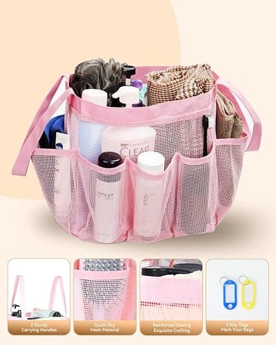 Temede Mesh Shower Caddy Tote, Large Shower Caddy Basket Portable, Quick Dry Hanging Toiletry Bag, 8 Storage Pocket Bath Organizer for College Dorm, Gym, Camp, Travel (Pink) thumbnail 4