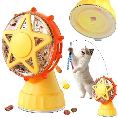 2-in-1 Interactive Cat Toy, Rotating Treat Dispenser with Strong Suction Cup & Teaser Wand, Adjustable Slow Feeder Puzzle Toy for Cats, Boredom Relief & Mental Stimulation Fits Kibble ,Treats (Yellow) - Image 1