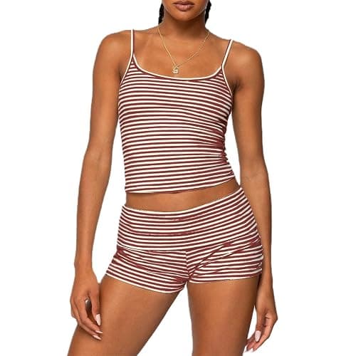 Women Fashion Striped 2 Piece Lounge Set Camisole Crop Top and Fold Over Shorts Pajama Sets Streetwear - Image 1