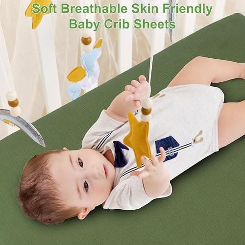 PET REJOIR Muslin Fitted Crib Sheets for Girls & Boys-2 Pack 28"x 52" Soft Baby Mattress Sheet-No Slip Boho Neutral Breathable Toddler Cotton Bedding Olive Green & Beige | Muslin, 2 Pack, 28"x 52", Soft, Boho Neutral, Breathable, Toddler Cotton Bedding, Olive Green & Beige thumbnail 8