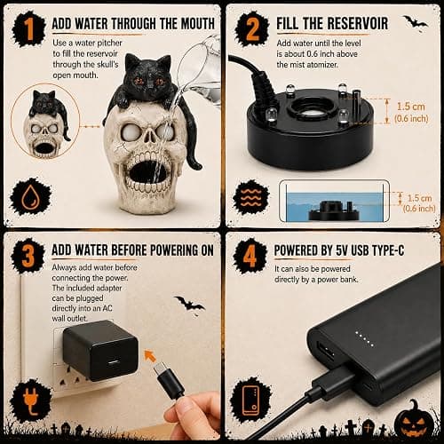 Shlinnuo Halloween Skull Statue with Mist Fogger Light 11 inch | Black cat skull decor, glowing eyes, water mist fog, resin Halloween figurine, indoor haunted house tabletop prop thumbnail 5
