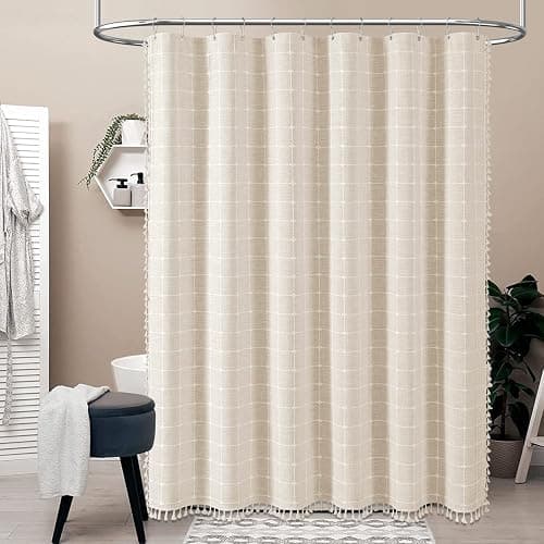 BTTN 54x78 Boho Farmhouse Linen Heavy Duty Shower Curtain Set, Cream/Beige | Narrow Long Size, 330GSM Linen Blend, 3-side Tassels, Waterproof Fabric, 10 Plastic Hooks, Rustic Bohemian, Machine Washable thumbnail 7