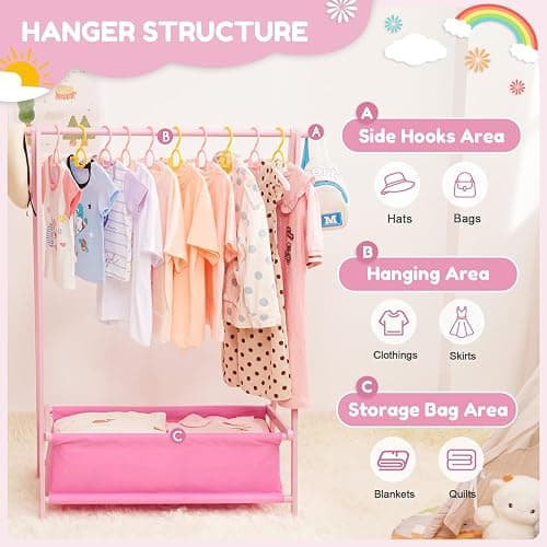 Cozivolife Kids Clothing Rack with Storage Box, Dress up Holder, Child Garment Hanger with Hanging Rods, Small and Foldable, Bamboo (Pink) thumbnail 6