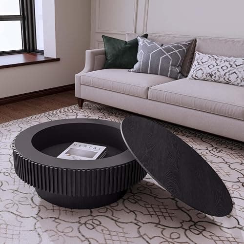 Round Coffee Table with Storage, Modern Wooden Coffee Table with Solid Wood Veneered, Circle Center Table Accent Tea Table for Living Room Apartment Small Space (31.5''L × 31.5''W × 14''H, Black) thumbnail 3