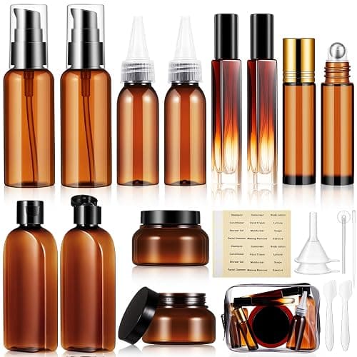 21 Pcs Amber Plastic Travel Toiletry Bottles Set, TSA Approved Travel Containers, Leak Proof Containers with Refillable Squeeze Bottle, Roller Balls, Pump sprayer, Perfume Atomizer, Labels & Funnel - Image 1