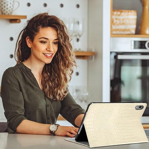 Deokke Premium Leather Compatible with iPad (A16) 11th Generation 11 Inch Case 2025,iPad 10th Generation 10.9 Inch Case 2022,Pencil Holder Crocodile Auto Sleep/Wake Cover Women Girls-Creamy White thumbnail 7