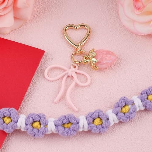 Mikovivi Strawberry Keychain with Bow, Kawaii Bow Heart Key Chains | Pink Cute Strawberry Bag Charms for Purse Backpack Handbag thumbnail 3