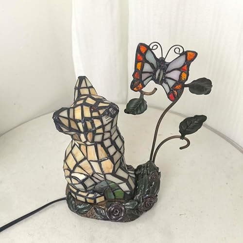 Bieye L10891 Tiffany-Style Stained Glass Cat Accent Table Lamp - Adorable Orange Cat Watching a Butterfly - 10-Inch Tall thumbnail 7