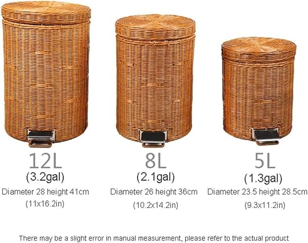 jiviji CUTMKGK Rattan Round Foot Pedal Trash Can with Lid,Kitchen Wicker Garbage Can Bedroom Retro Office Silent Handwoven Wastebasket (Brown,8L) thumbnail 2