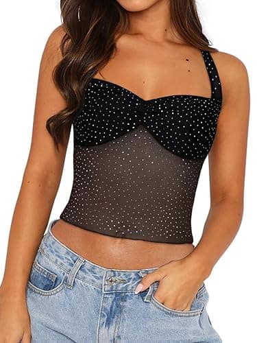 REORIA Lace Tops for Women Halter Sexy Going Out Tank Crop Y2K Fashion Top 2025 Trendy - Medium - Black Crystal