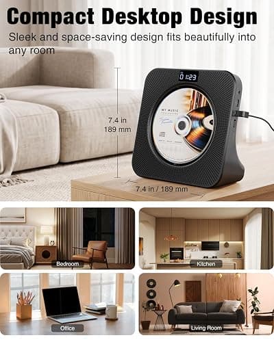 MEGATEK Portable CD Player with Bluetooth RX/TX, FM Radio & USB - Black | Desktop Design, HiFi Stereo Speakers, Front Display, Headphone Jack, Sleep Timer, Remote, USB-C Adapter Included thumbnail 7