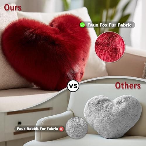 Wucidici Red Heart Pillow, Faux Fox Fur Heart Decorative Pillows, Heart Shaped Throw Pillow for Bed, Soft Fluffy Decorative Cushion for Chair Sofa Living Room - Plush Pillow Home Decor thumbnail 3