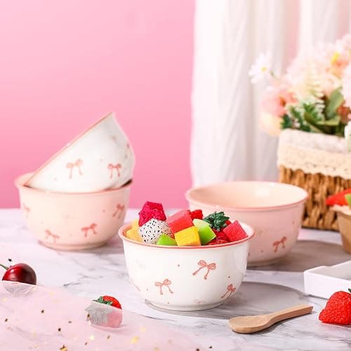 Reallnaive 4 Pcs Pink Bow Ceramic Bowls Set 4.5 Inch Coquette Cute Soup Bowl 12 Ounces Dessert Bowls for Kitchen Side Dishes Ice Cream Rice Soup Snack Cereal, Microwave and Dishwasher Safe thumbnail 2