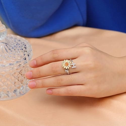 Fidget Rings for Anxiety for Women Sunflower Initial Letter Spinner Open Adjustable Ring CZ Daisy Stress Relieving Rings Jewelry Gift for Women Valentine's Day You are My Sunshine Ring thumbnail 3