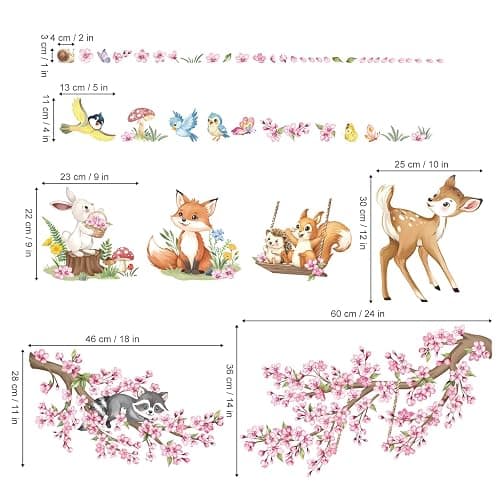 decalmile Woodland Animals Pink Flower Wall Stickers Cherry Blossom Branch Deer Fox Wall Decals Baby Nursery Kids Bedroom Living Room Home Decor thumbnail 2
