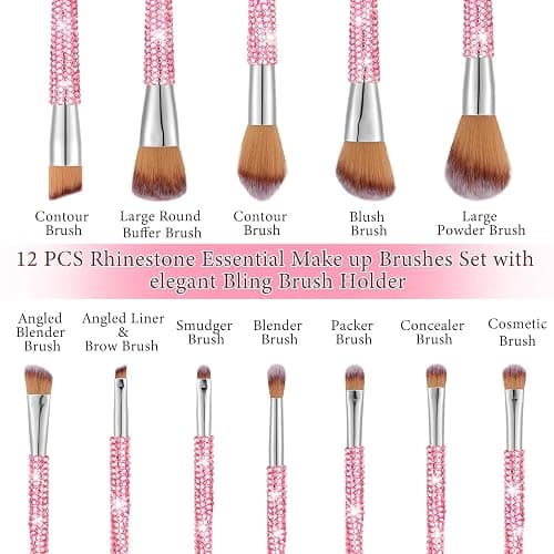 Rtteri 13 Pcs Rhinestone Pink Makeup Brushes Set Bling Crystal Professional Face Cosmetics Blending Liquid Foundation Powder Concealer Eye Shadows Make up Beauty Tool Glitter with Holder thumbnail 3