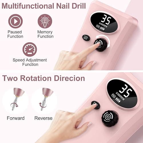Electric Nail Drill, Urbuti 35000RPM Professional Nail Drill Machine, Portable Rechargeable File Machine Set for Acrylic Gel Nails, Manicure Pedicure Tools for Home and Salon Use(Pink) thumbnail 5