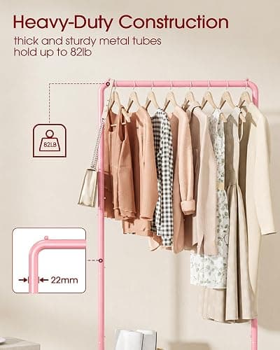Sakugi Clothes Rack - Clothing Rack with Storage Mesh Shelf & Casters, Heavy-Duty Metal Clothing Rack for Hanging Clothes, Dresses, Coats, Large Load Capacity, Easy Assembly, Pink, 28.0"x16.9"x59.0" thumbnail 4