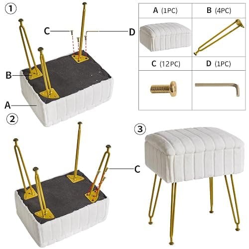 IBUYKE Stool Chair with Storage Space, Footrest Footstool Ottoman, Small Side Table, with 4 Metal Legs, with Anti-Slip Feet, for Makeup Room, Bedroom, Faux Fur, White L/G-50W thumbnail 8