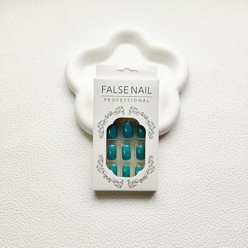 KKUUOO Square Press on Nails Short Fake Cyan False with Solid Color Design Full Cover Acrylic Glossy Glue Cute Stick for Women and Girls DIY Manicure 24Pcs thumbnail 3