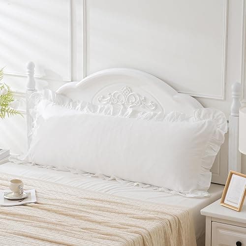 Qilunn Off White Ruffled Body Pillow Cover 1 Piece Washed Cotton Farmhouse Shabby Long Body Pillow Sham 20"x54" White - Image 1