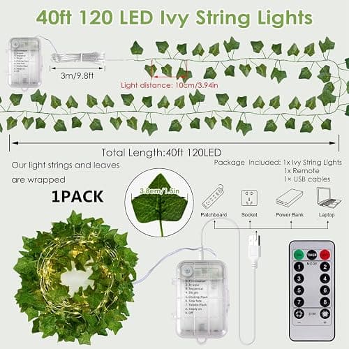 40ft 120 LED Vine Fairy Lights Battery Operated, 8 Modes & Timer Ivy String Lights with Remote, Green Leaf Lights for Indoor Bedroom Classroom Office Wall Garden Party Wedding Decor (Warm White) thumbnail 5