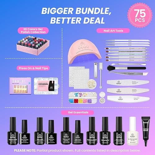 Beetles Gel Nail Polish Kit with U V Light - Gift Box Wild Gleam Collection 36 Colors Nail Polish Kit 75 Pcs for Women Girls Gel & Top Base Coat with Brushes & False Nails Tip Must Have Salon at Home thumbnail 2