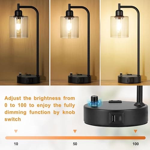 Industrial Nightstand Lamps for Bedrooms Set of 2 - Fully Dimmable Bedside Lamps with USB A C Ports and Outlet, Black Table Lamps with Clear Glass Shade for Living Room, Desk Lamps for Office Reading thumbnail 2