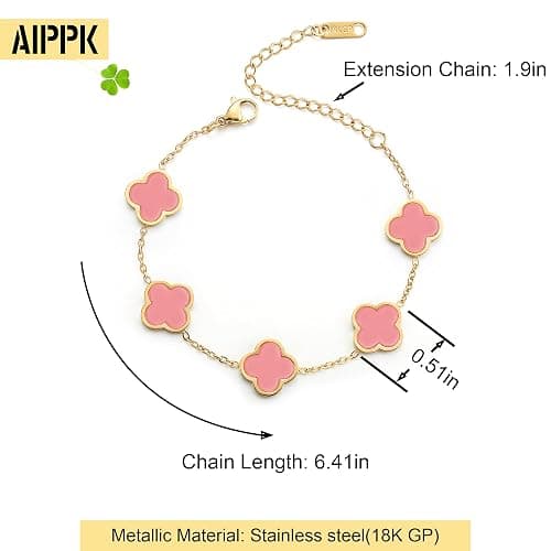 AIPPK 18K Gold Plated Clover Lucky Bracelet for Women White/Black/Red/Green Flower Four Leaf Link Bracelets Trendy Jewelry Gifts for Women thumbnail 2