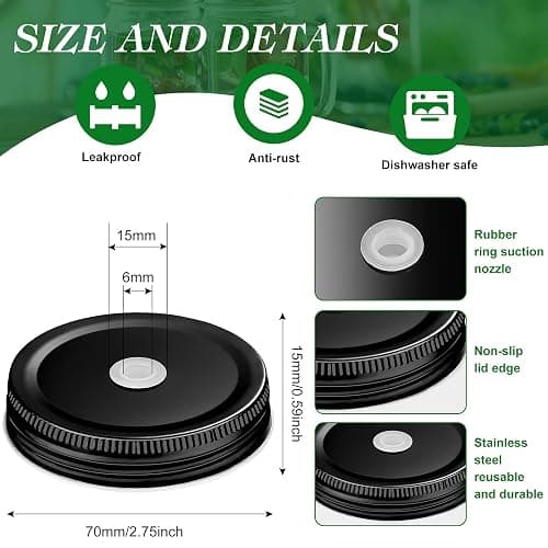 Mudder 8 Pieces Metal Regular Mouth Mason Canning Jar Lids with Straw Hole Leak Proof Reusable Jar, 2.7 Inch (Black) thumbnail 3