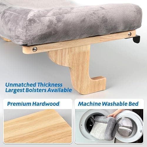 Zakkart Cat Perch for Window Sill with Bolster - Orthopedic Hammock Design with Premium Hardwood & Robust Metal Frame - Cat Window Seat for Large Cats - Natural Color Wood Gray Bed, XLarge 26.4''W thumbnail 6